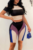 Blue Sexy Print Patchwork See-through O Neck Short Sleeve Two Pieces
