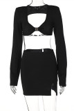 Apricot Fashion Sexy Solid Patchwork Backless V Neck Long Sleeve Two Pieces