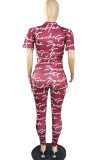 Red Casual Print Patchwork O Neck Short Sleeve Two Pieces