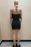 Black Sexy Solid Patchwork Backless Halter Pencil Skirt Dresses