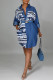 Deep Blue Fashion Casual Print Patchwork Turndown Collar Denim Dress