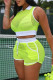 Fluorescent Green Fashion Sportswear Solid Hollowed Out Patchwork See-through Turndown Collar Sleeveless Two Pieces