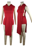 Red Sexy Solid Split Joint Slit Hooded Collar Sleeveless Two Pieces
