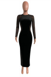 Black Fashion Sexy Solid Patchwork See-through O Neck Long Sleeve Dresses