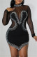 Black Fashion Sexy Patchwork Hot Drilling See-through Asymmetrical Turtleneck Long Sleeve Dresses