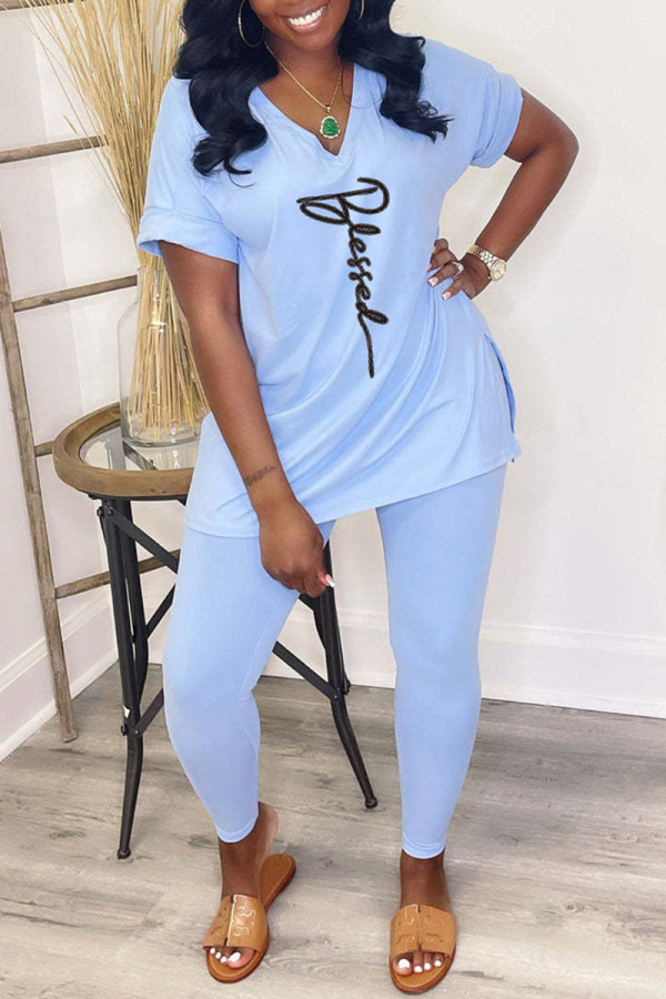 Baby Blue Fashion Casual Print Slit V Neck Short Sleeve Two Pieces