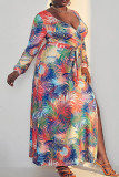 Multicolor Fashion Casual Print Bandage Split Joint V Neck Straight Plus Size Dresses