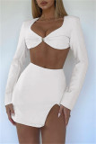 Apricot Fashion Sexy Solid Patchwork Backless V Neck Long Sleeve Two Pieces