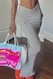 Grey Casual Solid Patchwork Skinny Mid Waist Pencil Solid Color Bottoms