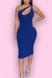 Blue Sexy Casual Solid Hollowed Out Backless One Shoulder Sleeveless Dress