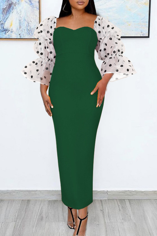 Green Fashion Dot Solid Patchwork Backless Slit Square Collar Evening Dress