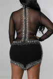 White Fashion Sexy Patchwork Hot Drilling See-through Asymmetrical Turtleneck Long Sleeve Dresses