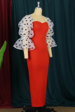 Orange Fashion Dot Solid Patchwork Backless Slit Square Collar Evening Dress