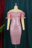Pink Fashion Solid Sequins Patchwork Backless Slit Off the Shoulder Evening Dress