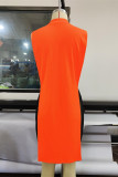 Orange Fashion Casual Print Patchwork Slit Half A Turtleneck Sleeveless Two Pieces