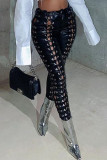 Black Fashion Sexy Solid Hollowed Out Skinny High Waist Pencil Trousers