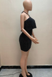 Black Sexy Solid Patchwork Backless Halter Pencil Skirt Dresses