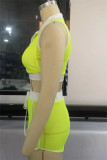 Fluorescent Green Fashion Sportswear Solid Hollowed Out Patchwork See-through Turndown Collar Sleeveless Two Pieces