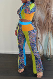 Fluorescent Yellow Sexy Print Patchwork Buckle Turndown Collar Long Sleeve Two Pieces