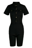 Black Casual Solid Patchwork Buckle Turndown Collar Regular Rompers