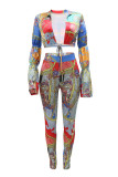 Multi-color Fashion Casual Print Hollowed Out V Neck Long Sleeve Two Pieces