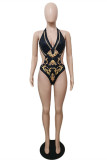 Black Fashion Sexy Print Bandage Backless Swimwears (Without Paddings)