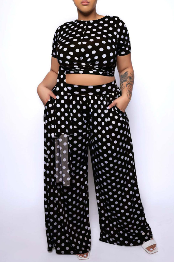 Black Casual Print Patchwork O Neck Plus Size Two Pieces