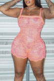 Purple Sexy Solid Embroidered Patchwork Spaghetti Strap Regular Rompers
