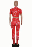 Red Sexy Print Patchwork Half A Turtleneck Short Sleeve Two Pieces