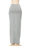 Grey Casual Solid Patchwork Skinny Mid Waist Pencil Solid Color Bottoms