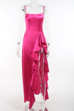 Rose Red Sexy Solid Flounce Spaghetti Strap Trumpet Mermaid Dresses