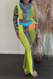 Fluorescent Yellow Sexy Print Patchwork Buckle Turndown Collar Long Sleeve Two Pieces