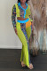 Fluorescent Yellow Sexy Print Patchwork Buckle Turndown Collar Long Sleeve Two Pieces