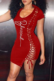 Red Sexy Print Bandage Hollowed Out Patchwork U Neck One Step Skirt Dresses