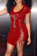 Red White Sexy Print Bandage Hollowed Out Patchwork U Neck One Step Skirt Dresses