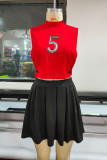 Red Fashion Sexy Print Patchwork Turtleneck Sleeveless Two Pieces