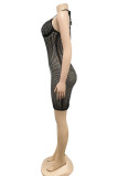 Black Fashion Sexy Patchwork Hot Drilling Bandage See-through Backless Halter Sleeveless Dress Dresses