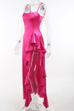 Rose Red Sexy Solid Flounce Spaghetti Strap Trumpet Mermaid Dresses