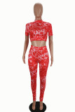 Red Sexy Print Patchwork Half A Turtleneck Short Sleeve Two Pieces