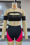 Black Fashion Sexy Solid Hollowed Out Patchwork Backless Off the Shoulder Short Sleeve Two Pieces