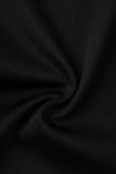 Black Casual Solid Patchwork Buckle Turndown Collar Regular Rompers