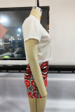 White Fashion Casual Letter Lips Printed Basic O Neck Short Sleeve Two Pieces
