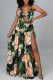 Green Fashion Sexy Print Bandage Hollowed Out Slit V Neck Sling Dress