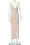 Apricot Fashion Sexy Solid Hollowed Out Backless Slit Halter Sleeveless Dress