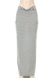 Grey Casual Solid Patchwork Skinny Mid Waist Pencil Solid Color Bottoms