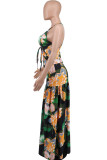 Green Fashion Sexy Print Bandage Hollowed Out Slit V Neck Sling Dress