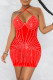 Red Fashion Sexy Patchwork Hot Drilling Bandage See-through Backless Halter Sleeveless Dress Dresses