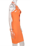 Orange Sexy Solid Bandage Hollowed Out Backless Halter Sleeveless Dress Dresses