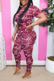 Red Casual Print Patchwork O Neck Short Sleeve Two Pieces