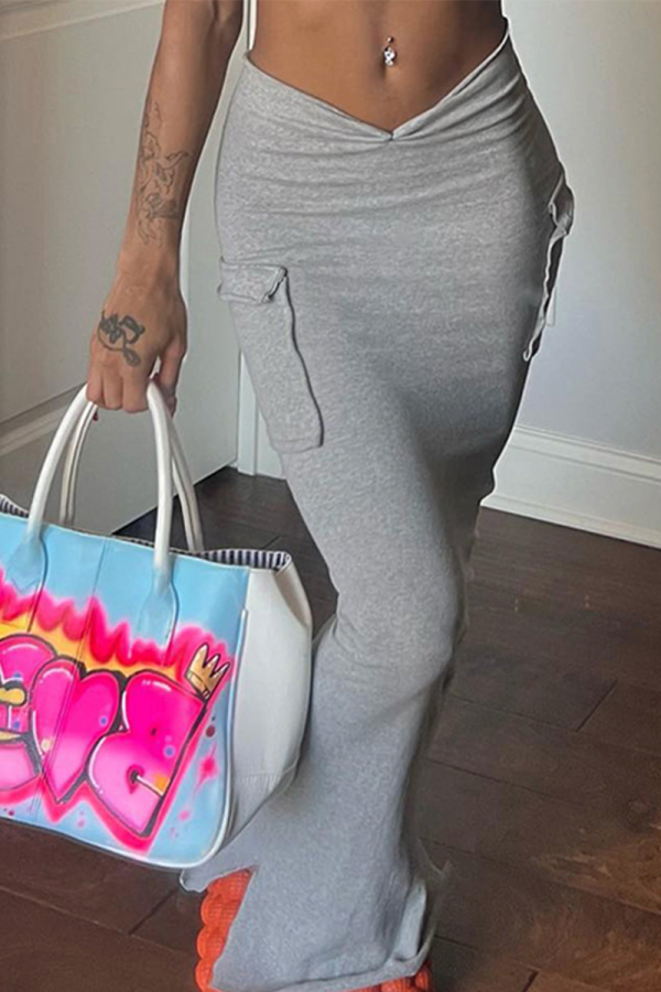 Grey Casual Solid Patchwork Skinny Mid Waist Pencil Solid Color Bottoms